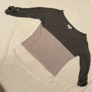 Long sleeve - size small.  Color is dark grey, light grey and white